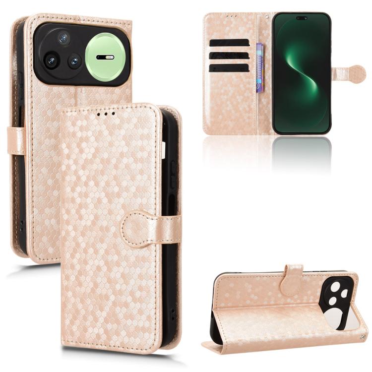 Honeycomb dot texture leather phone case, light gold beige flip wallet with card slots