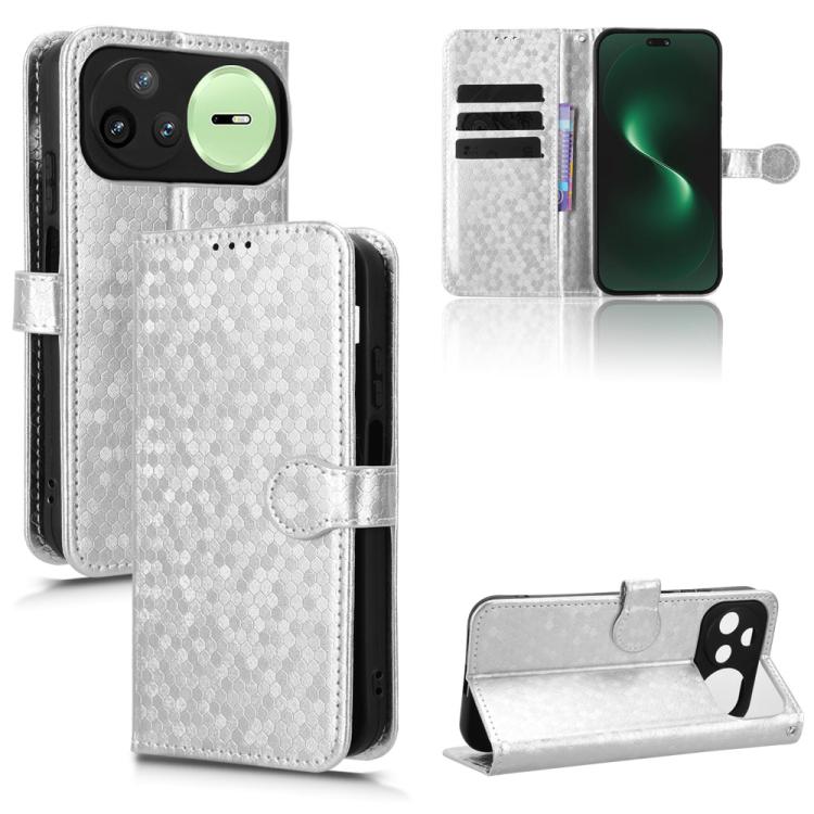 Honeycomb dot texture leather phone case, light silver flip wallet with card slots