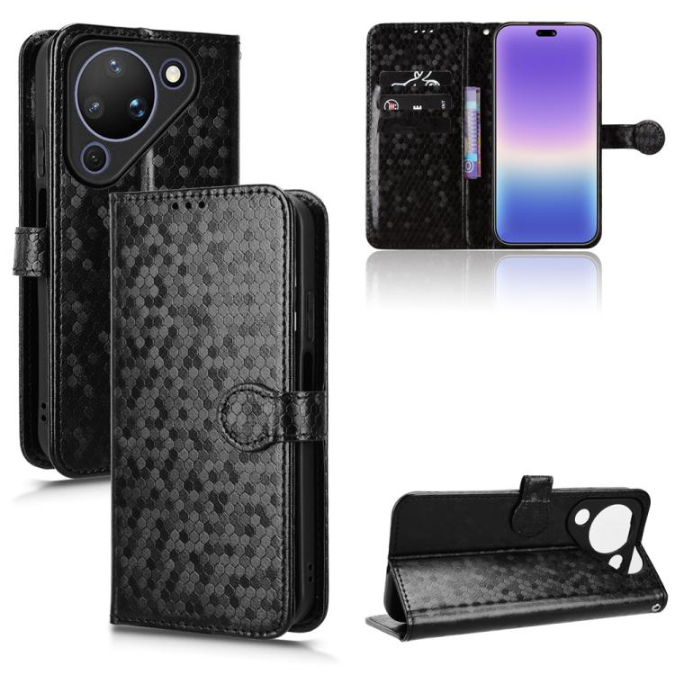 Honeycomb dot texture leather phone case, black flip wallet with card slots