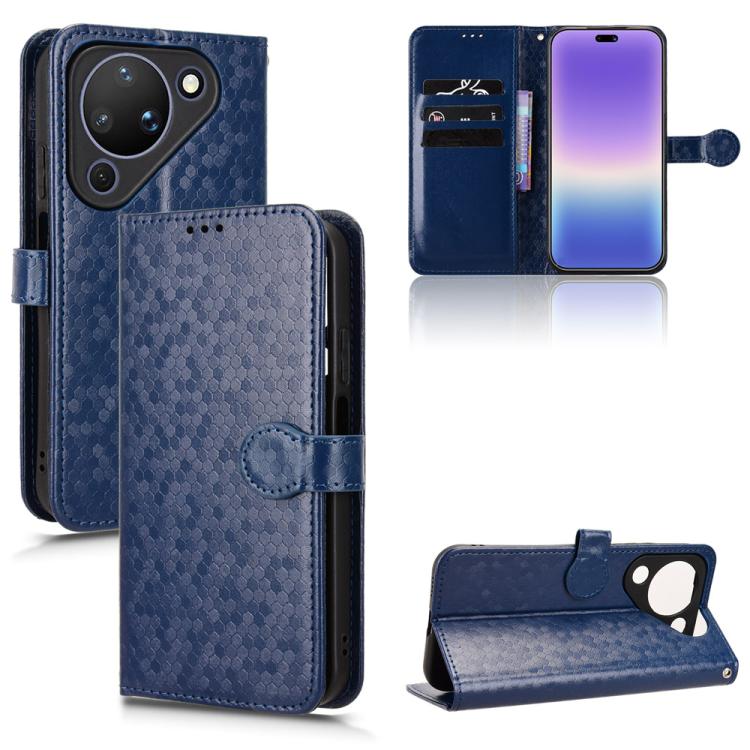 Honeycomb dot texture leather phone case, navy blue flip wallet with card slots