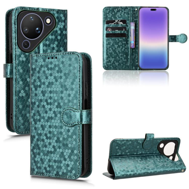 Honeycomb dot texture leather phone case, teal green flip wallet with card slots