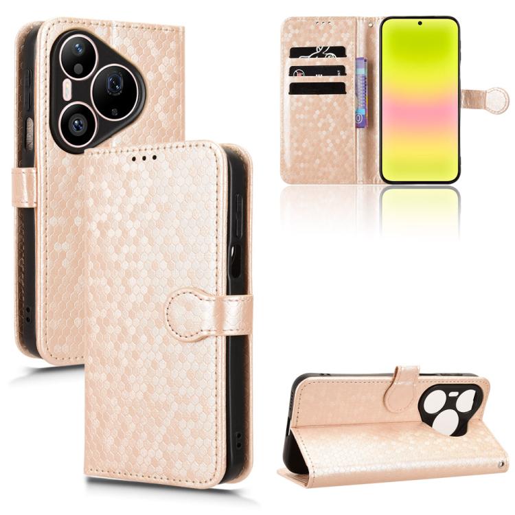 Gold honeycomb-dot leather wallet phone case with paw stand and magnetic flip cover