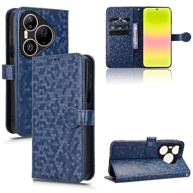 Blue honeycomb-dot leather wallet phone case with paw stand and magnetic flip cover