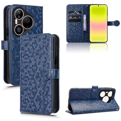 Blue honeycomb-dot leather wallet phone case with paw stand and magnetic flip cover