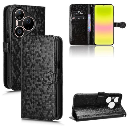 Black honeycomb-dot leather flip phone case with paw stand, card slots, and camera cutout