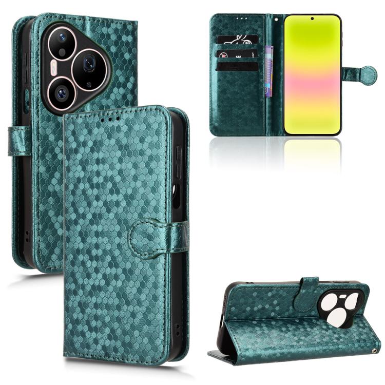 Green honeycomb-dot leather flip phone case with paw stand, card slots, and camera cutout