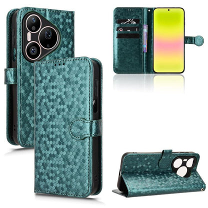 Green honeycomb-dot leather flip phone case with paw stand, card slots, and camera cutout