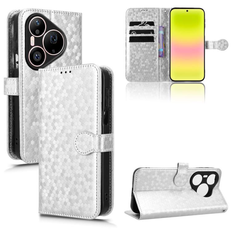 Silver honeycomb-dot leather flip phone case with paw stand, card slots, and camera cutout