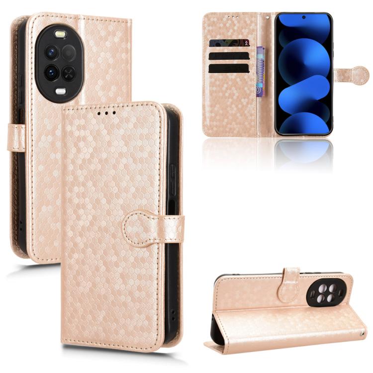 Beige gold honeycomb dot leather phone case with folio flap and card slots