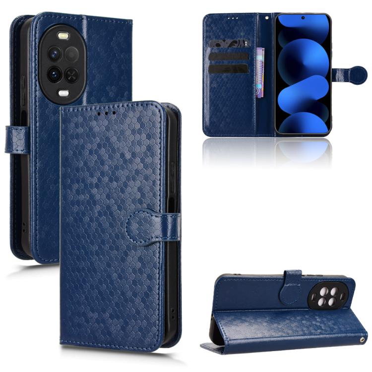Blue honeycomb dot leather phone case with folio flap and card slots