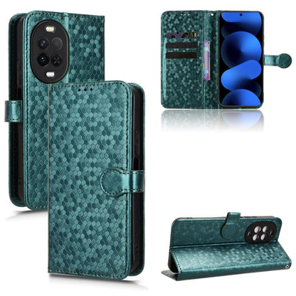 Teal green honeycomb dot leather phone case with folio flap and card slots