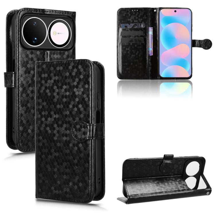 Black honeycomb dot leather folio phone case with magnetic flip, card slots, and stand