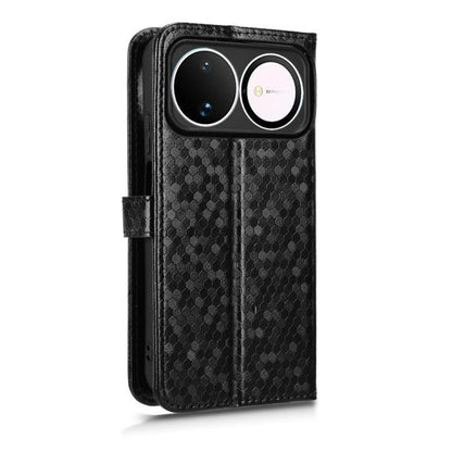 Black honeycomb dot leather folio phone case with camera cutout and side strap