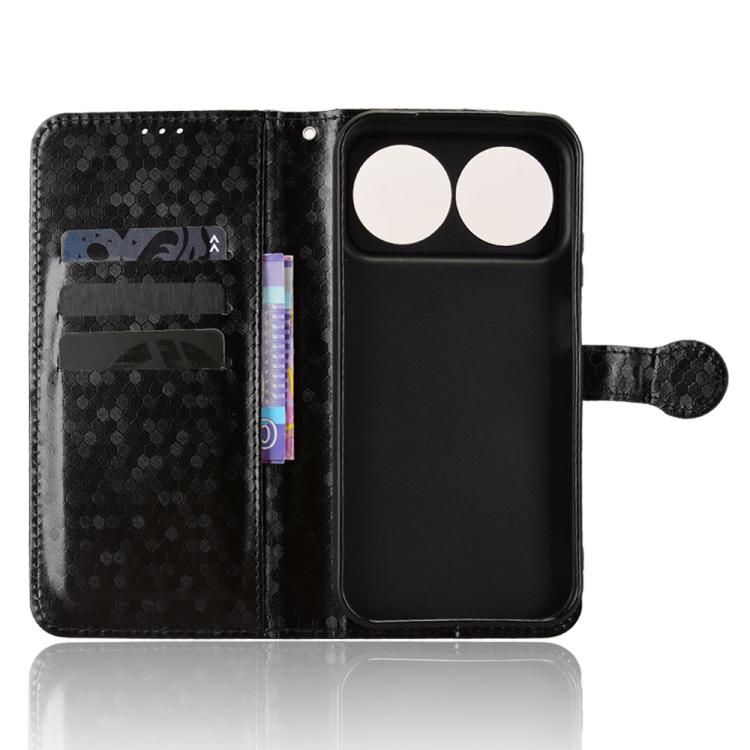 Black honeycomb dot leather folio phone case open view showing card slots