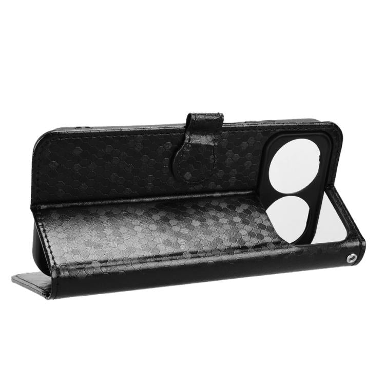 Black honeycomb dot leather folio phone case folded as a viewing stand
