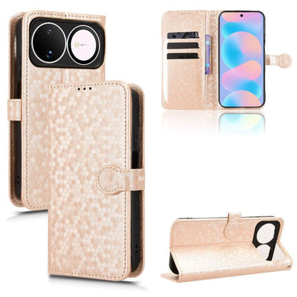 Beige/gold honeycomb dot leather folio phone case with magnetic flip and card slots