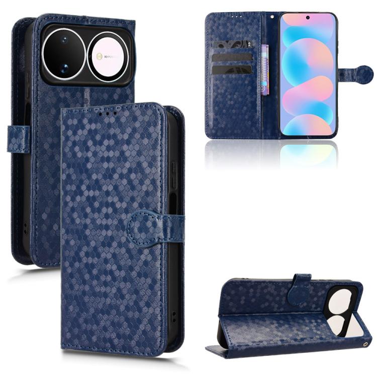 Blue honeycomb dot leather folio phone case with flip cover, card slots, and stand