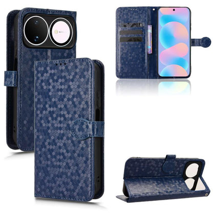Blue honeycomb dot leather folio phone case with flip cover, card slots, and stand