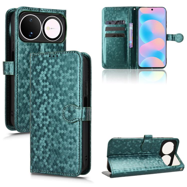 Green honeycomb dot leather folio phone case with card slots and flip viewing stand