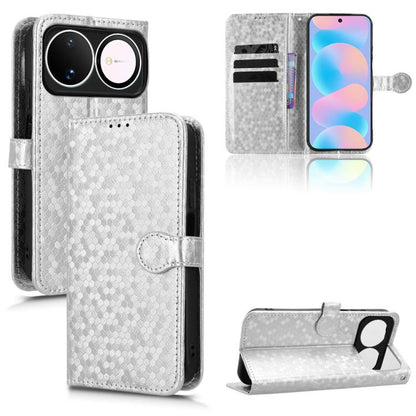Silver/gray honeycomb dot leather folio phone case with magnetic flip and camera cutout