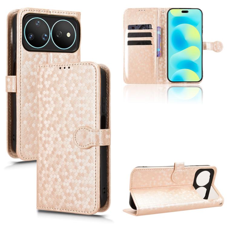 Honeycomb dot folio leather phone case, beige, with card slots and magnetic stand