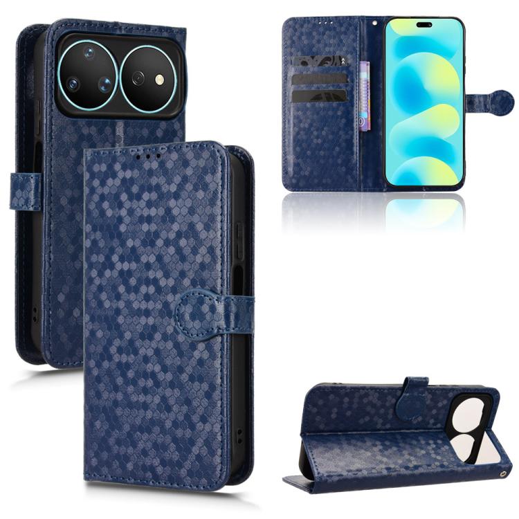Honeycomb dot folio leather phone case, dark blue, with card slots and magnetic stand