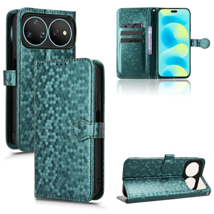 Honeycomb dot folio leather phone case, teal green, with card slots and magnetic stand