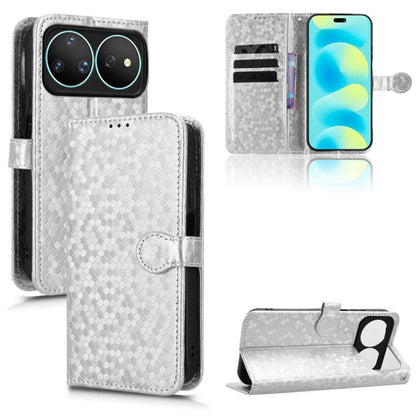 Honeycomb dot folio leather phone case, light gray/silver, with card slots and stand