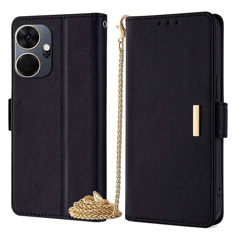 Crossbody leather phone case in black with gold chain strap and magnetic side flap.