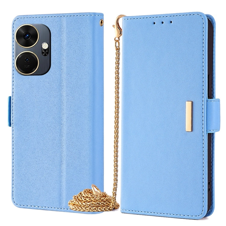 Crossbody leather phone case in light blue with gold chain strap and magnetic side flap.
