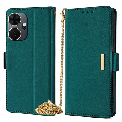 Crossbody leather phone case in dark teal green with gold chain strap and magnetic side flap.