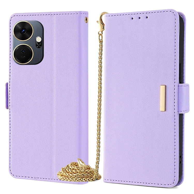 Crossbody leather phone case in lavender purple with gold chain strap and magnetic side flap.