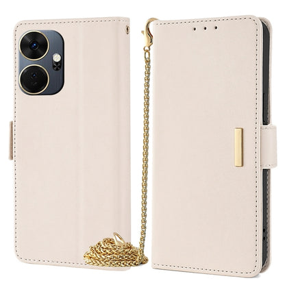Crossbody leather phone case in light beige with gold chain strap and side opening.