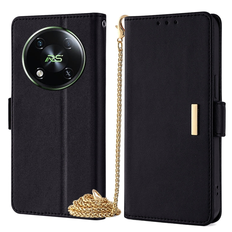 Black leather crossbody phone case with chain; flip cover closed, camera cutout shown.
