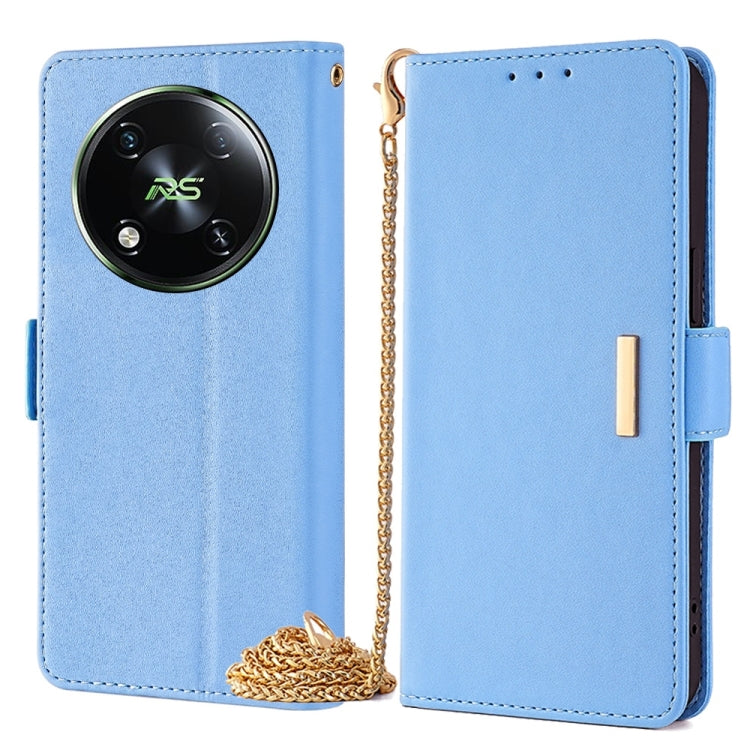 Light blue leather crossbody phone case with chain; front and back views together.