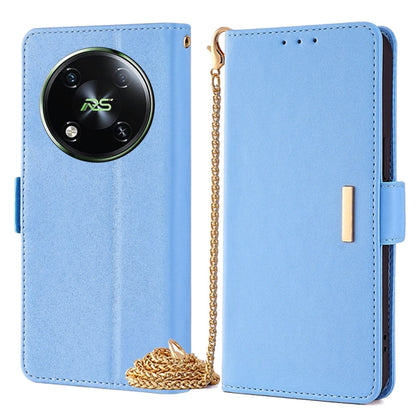 Light blue leather crossbody phone case with chain; front and back views together.