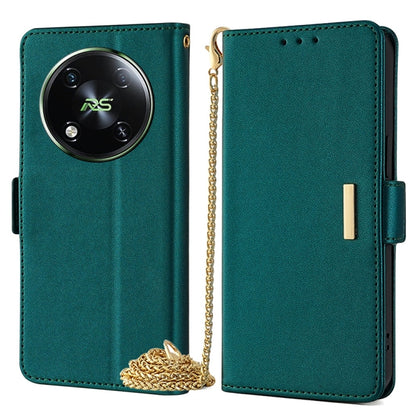 Dark teal leather crossbody phone case with chain; front and back views together.