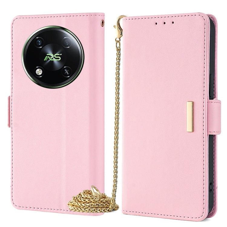Light pink leather crossbody phone case with chain; front and back views together.