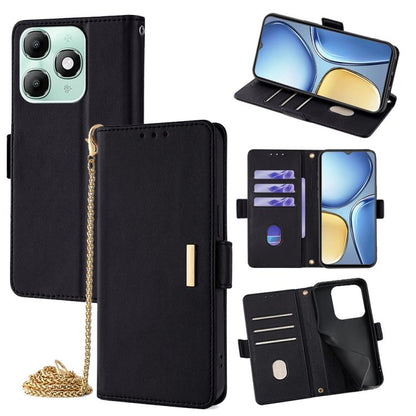 Black leather crossbody phone case with flip cover and card slots, gold chain strap.