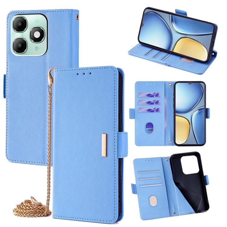 Blue leather crossbody phone case with chain; flip cover and card slots visible.