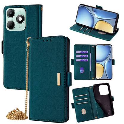 Green leather crossbody phone case with chain; flip cover and card slots visible.