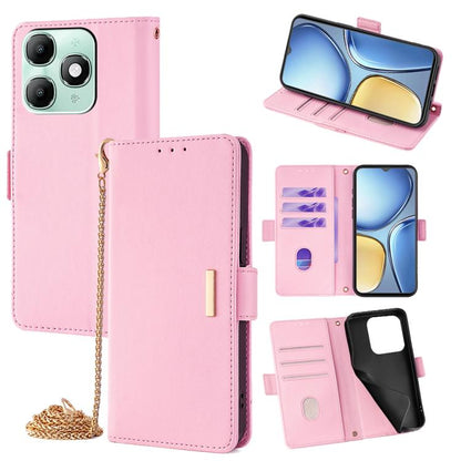 Pink leather crossbody phone case with chain; flip cover and card slots visible.