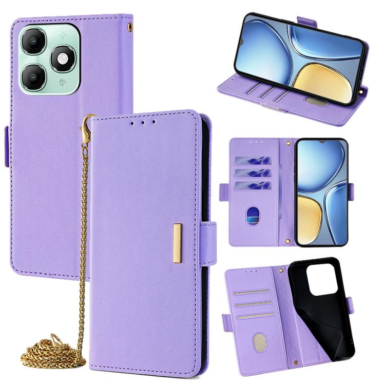 Purple leather crossbody phone case with chain; flip cover and card slots visible.