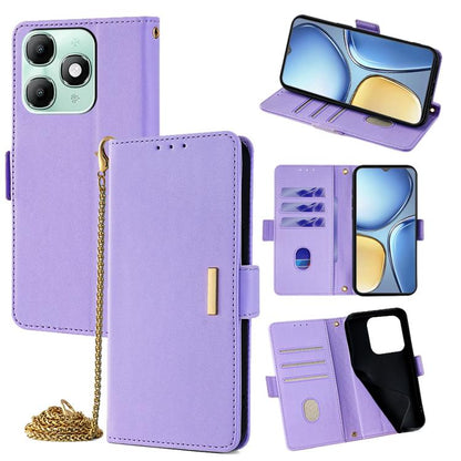 Purple leather crossbody phone case with chain; flip cover and card slots visible.