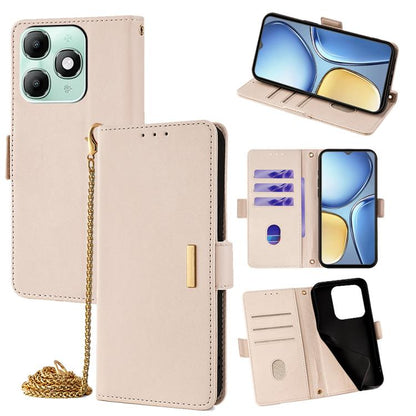 Beige leather crossbody phone case with chain; flip cover and card slots visible.