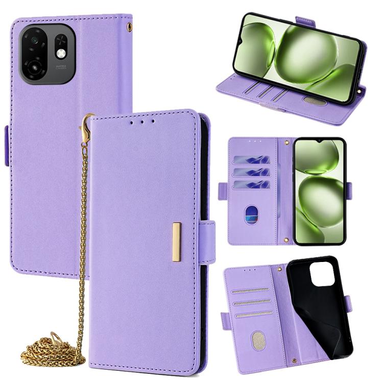 Purple flip leather phone case with card slots and gold chain crossbody strap.