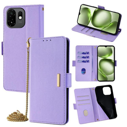 Purple flip leather phone case with card slots and gold chain crossbody strap.