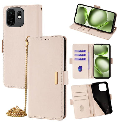 Beige flip leather phone case with card slots and gold chain crossbody strap.