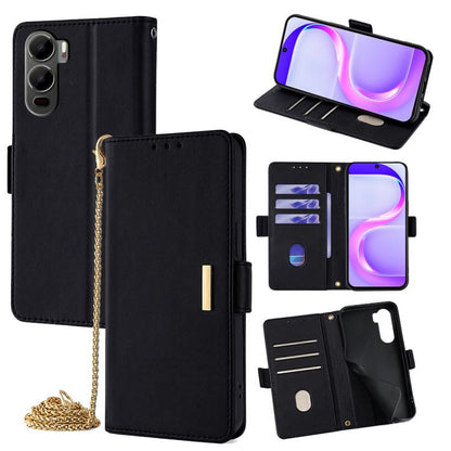 Black leather-style phone wallet case with flip cover, card slots, and gold crossbody chain strap