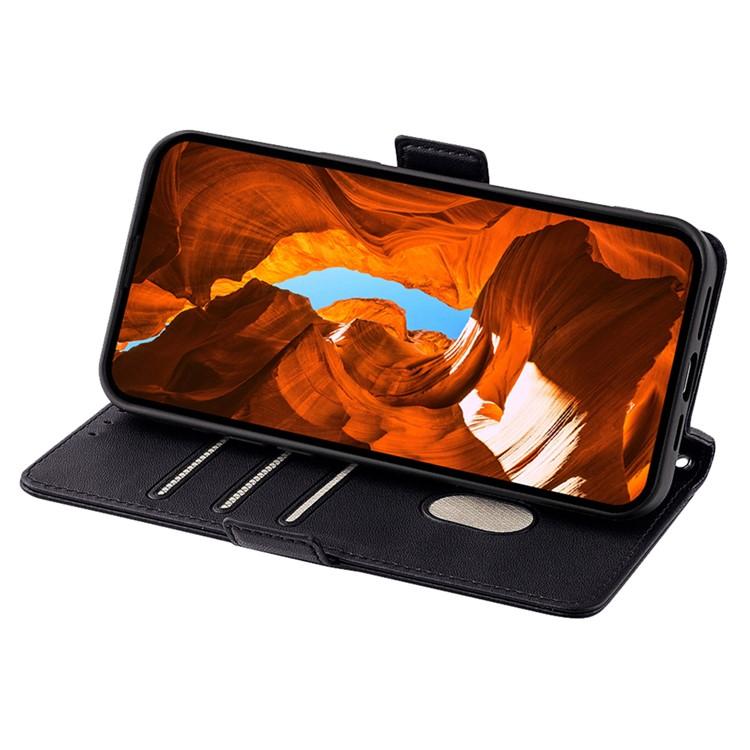 Black phone wallet case with flip cover open, card slots on the inside